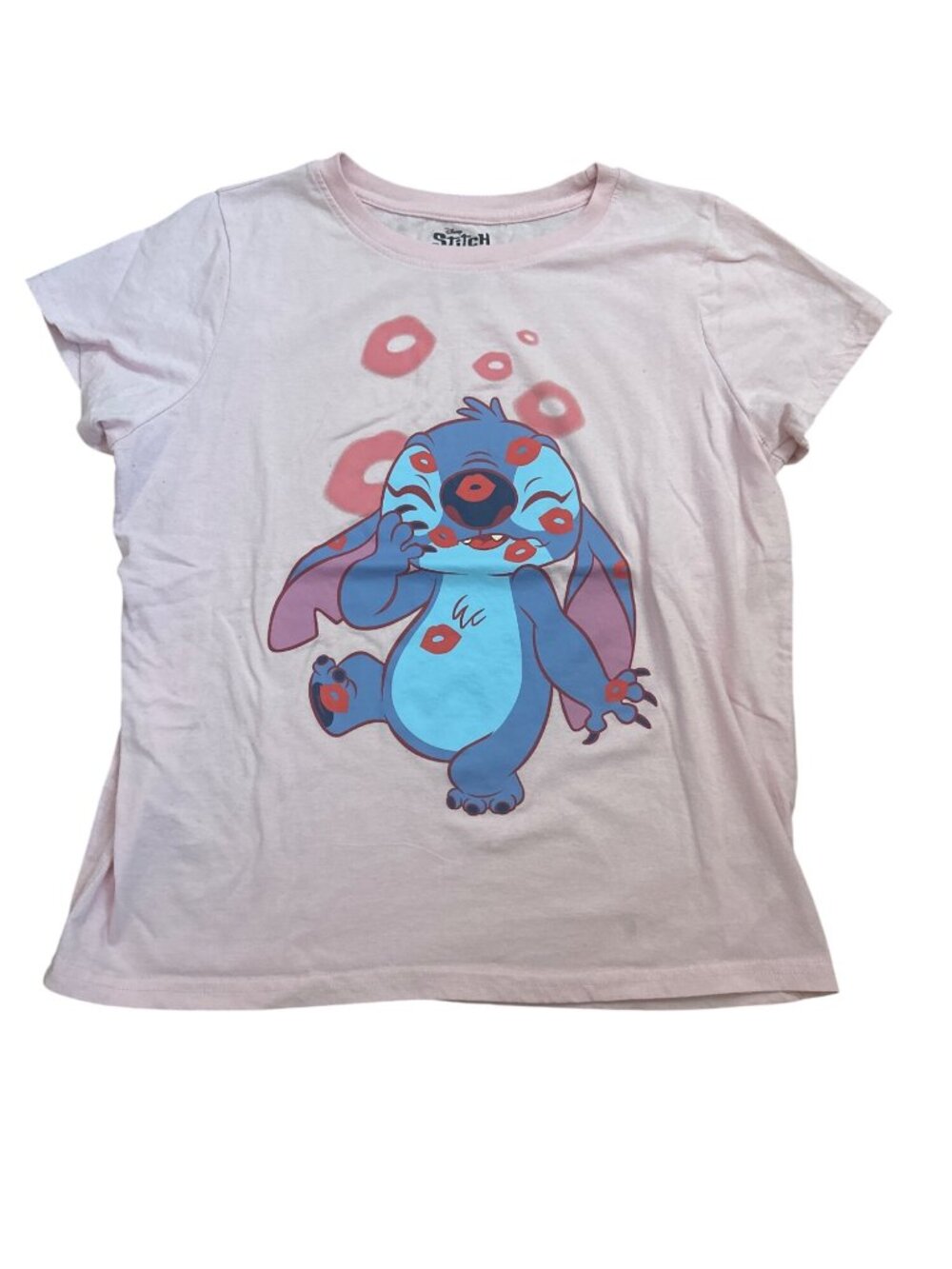 Disney Lilo & Stitch Pink Graphic Tee T-Shirt Top Women's Large Kiss Prints